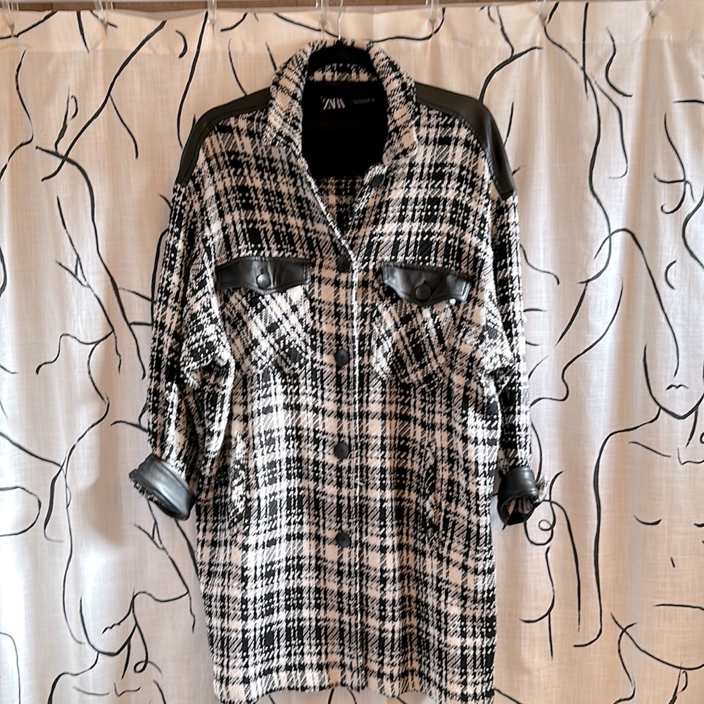 Zara Hounstooth Shacket with Leather Details